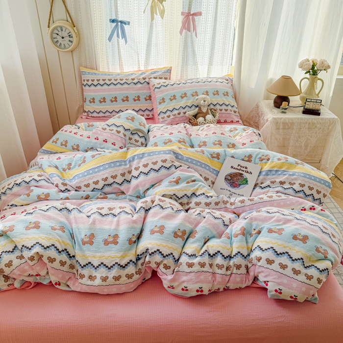 91家纺网 家纺一手货源 找家纺 温眠家纺 2026新款云感针织提花双层纱四件套 彩虹小马