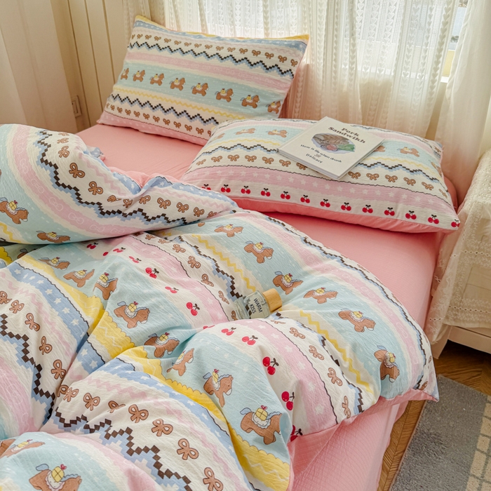 91家纺网 家纺一手货源 找家纺 温眠家纺 2026新款云感针织提花双层纱四件套 彩虹小马