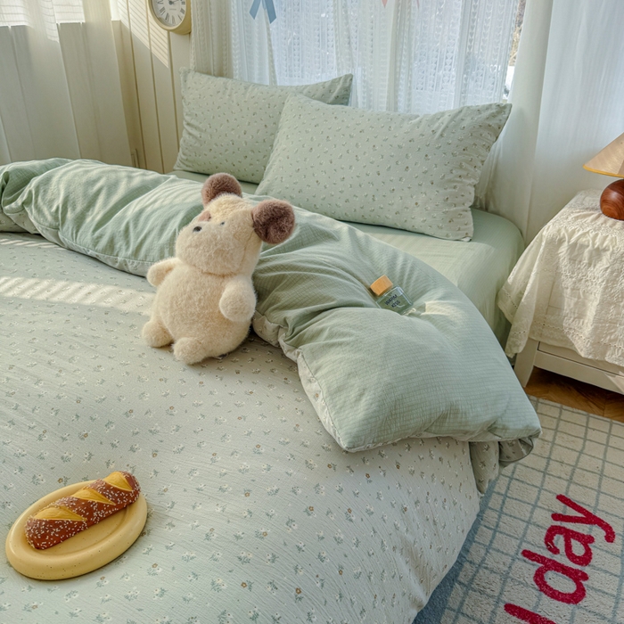 91家纺网 家纺一手货源 找家纺 温眠家纺 2026新款云感针织提花双层纱四件套 春漾