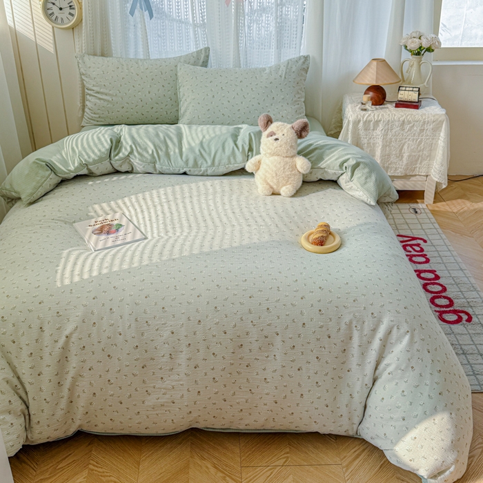 91家纺网 家纺一手货源 找家纺 温眠家纺 2026新款云感针织提花双层纱四件套 春漾