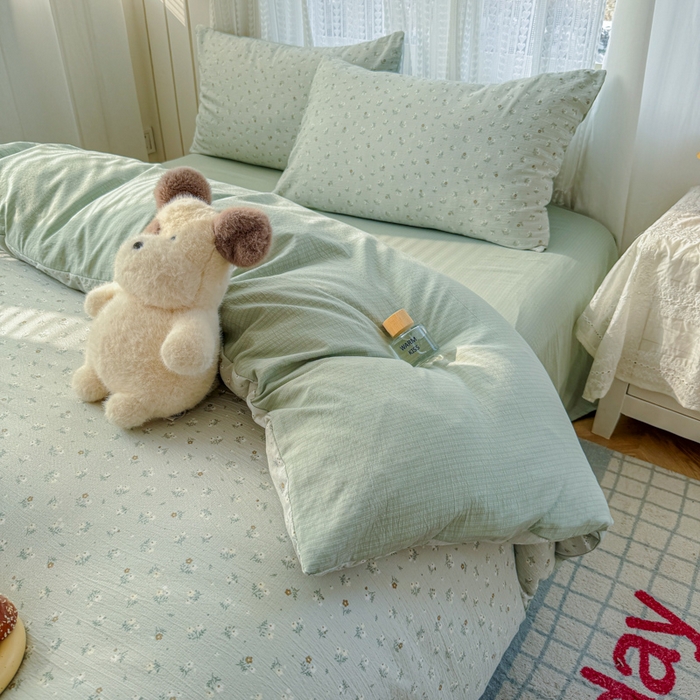 91家纺网 家纺一手货源 找家纺 温眠家纺 2026新款云感针织提花双层纱四件套 春漾