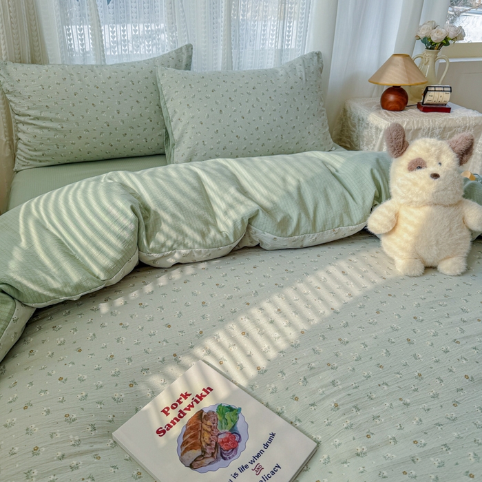 91家纺网 家纺一手货源 找家纺 温眠家纺 2026新款云感针织提花双层纱四件套 春漾