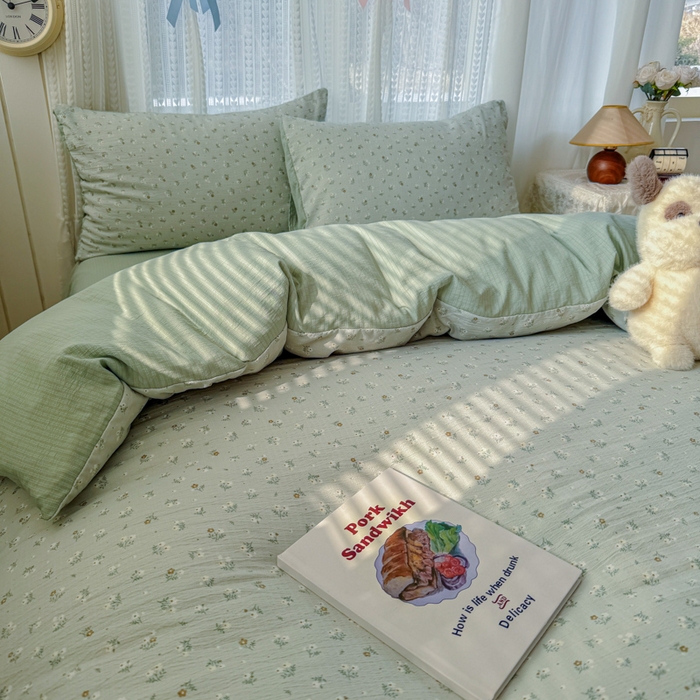 91家纺网 家纺一手货源 找家纺 温眠家纺 2026新款云感针织提花双层纱四件套 春漾