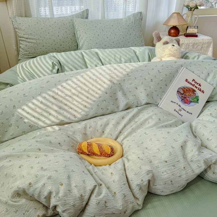 91家纺网 家纺一手货源 找家纺 温眠家纺 2026新款云感针织提花双层纱四件套 春漾