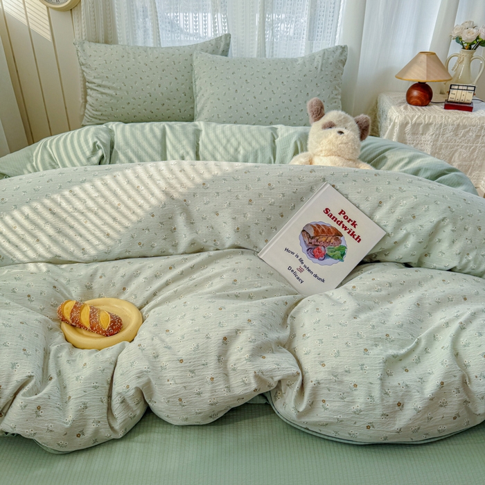 91家纺网 家纺一手货源 找家纺 温眠家纺 2026新款云感针织提花双层纱四件套 春漾