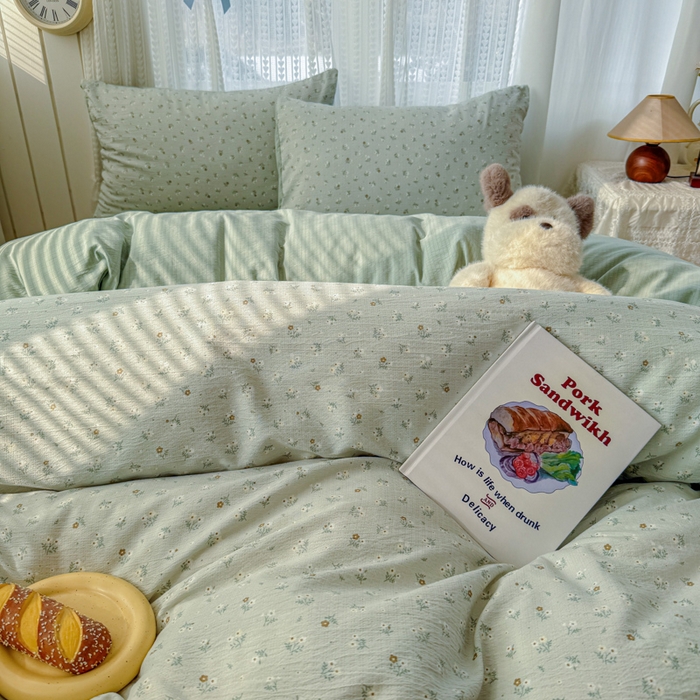 91家纺网 家纺一手货源 找家纺 温眠家纺 2026新款云感针织提花双层纱四件套 春漾