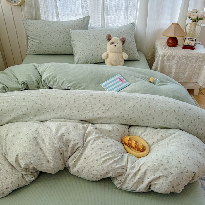 91家纺网 家纺一手货源 找家纺 温眠家纺 2026新款云感针织提花双层纱四件套 春漾