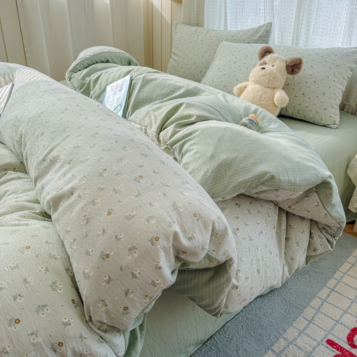 91家纺网 家纺一手货源 找家纺 温眠家纺 2026新款云感针织提花双层纱四件套 春漾