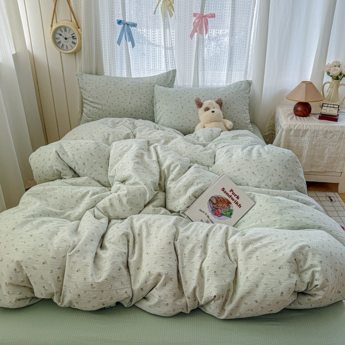 91家纺网 家纺一手货源 找家纺 温眠家纺 2026新款云感针织提花双层纱四件套 春漾