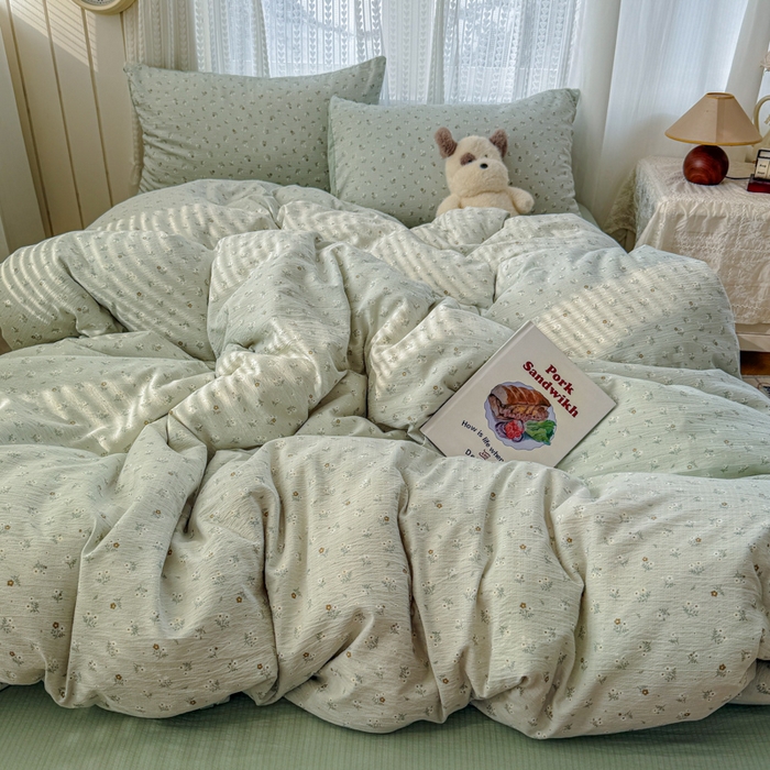 91家纺网 家纺一手货源 找家纺 温眠家纺 2026新款云感针织提花双层纱四件套 春漾