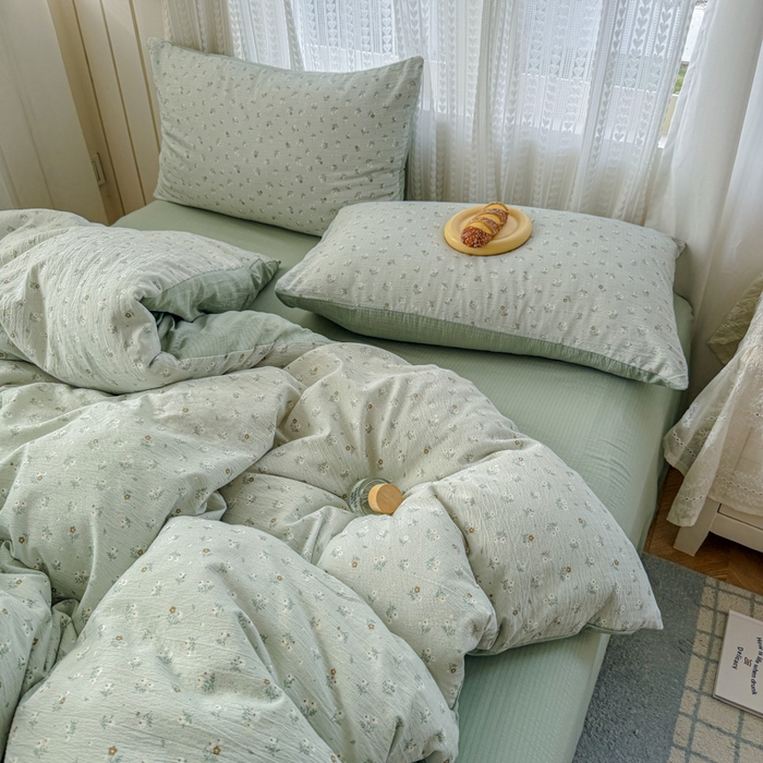 91家纺网 家纺一手货源 找家纺 温眠家纺 2026新款云感针织提花双层纱四件套 春漾