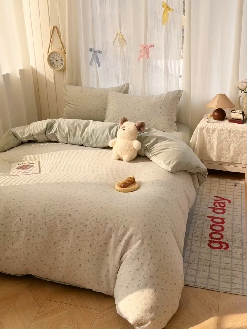 91家纺网 家纺一手货源 找家纺 温眠家纺 2026新款云感针织提花双层纱四件套 春漾