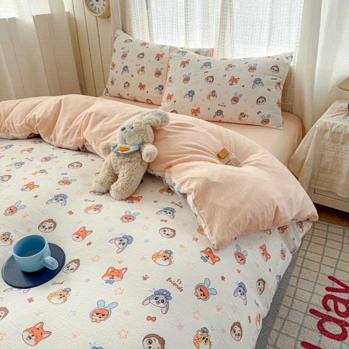 91家纺网 家纺一手货源 找家纺 温眠家纺 2026新款云感针织提花双层纱四件套 动物园