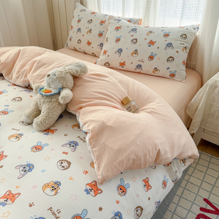 91家纺网 家纺一手货源 找家纺 温眠家纺 2026新款云感针织提花双层纱四件套 动物园