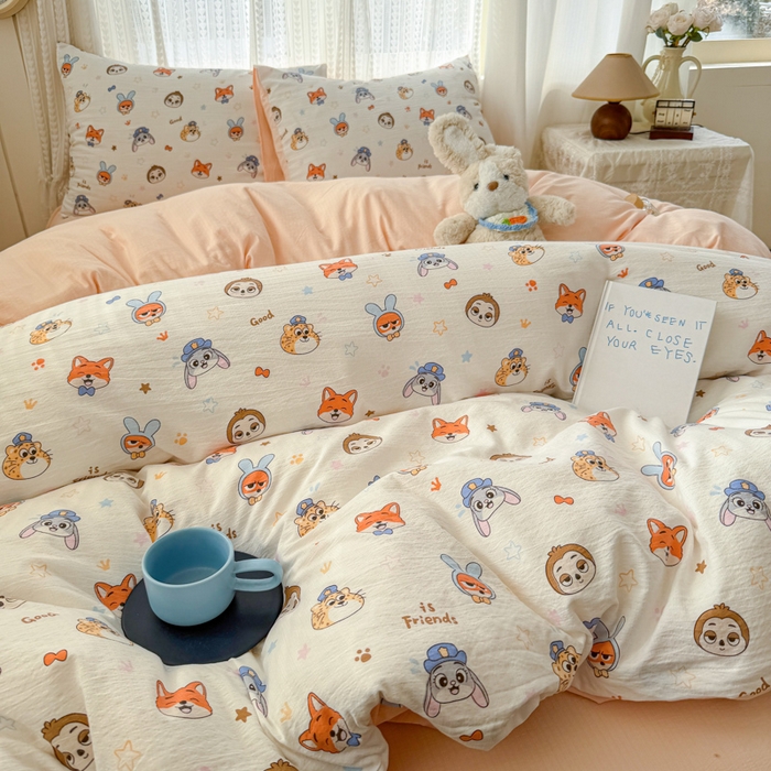 91家纺网 家纺一手货源 找家纺 温眠家纺 2026新款云感针织提花双层纱四件套 动物园