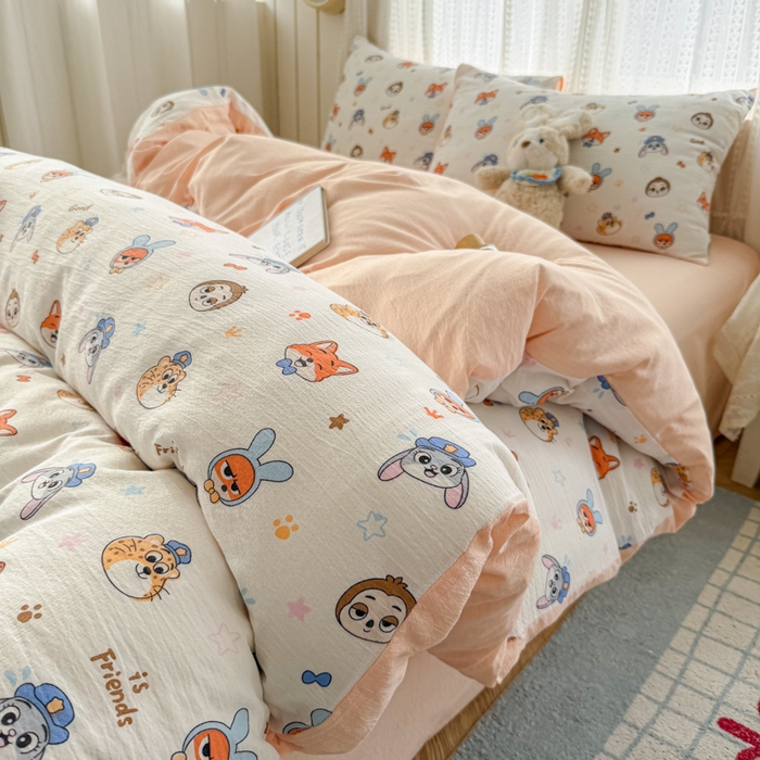 91家纺网 家纺一手货源 找家纺 温眠家纺 2026新款云感针织提花双层纱四件套 动物园