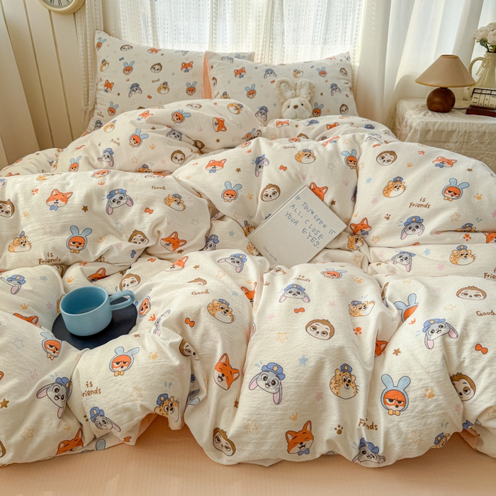 91家纺网 家纺一手货源 找家纺 温眠家纺 2026新款云感针织提花双层纱四件套 动物园