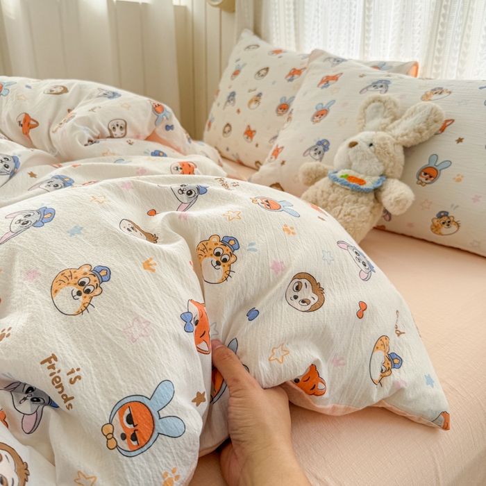 91家纺网 家纺一手货源 找家纺 温眠家纺 2026新款云感针织提花双层纱四件套 动物园