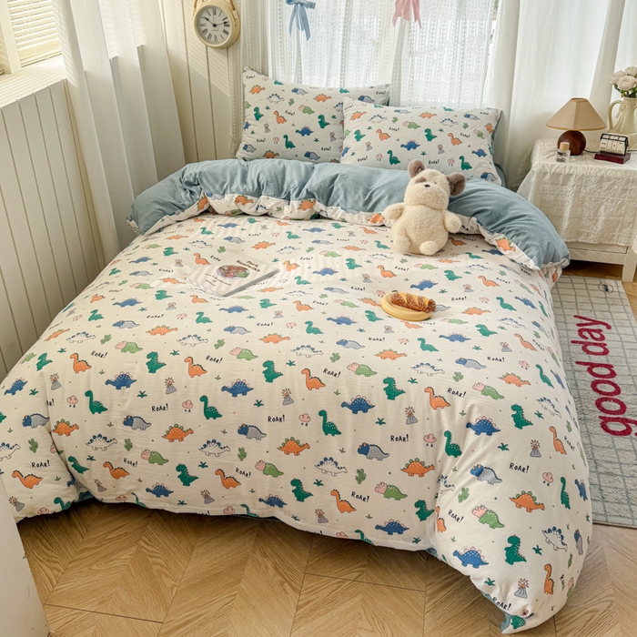 91家纺网 家纺一手货源 找家纺 温眠家纺 2026新款云感针织提花双层纱四件套 恐龙世界