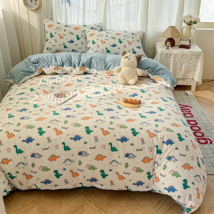 91家纺网 家纺一手货源 找家纺 温眠家纺 2026新款云感针织提花双层纱四件套 恐龙世界