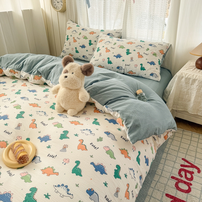 91家纺网 家纺一手货源 找家纺 温眠家纺 2026新款云感针织提花双层纱四件套 恐龙世界