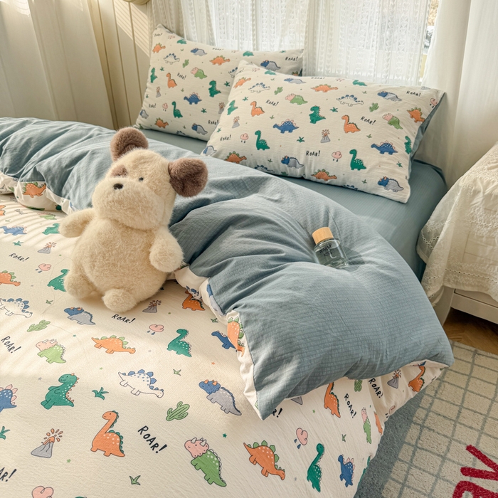 91家纺网 家纺一手货源 找家纺 温眠家纺 2026新款云感针织提花双层纱四件套 恐龙世界