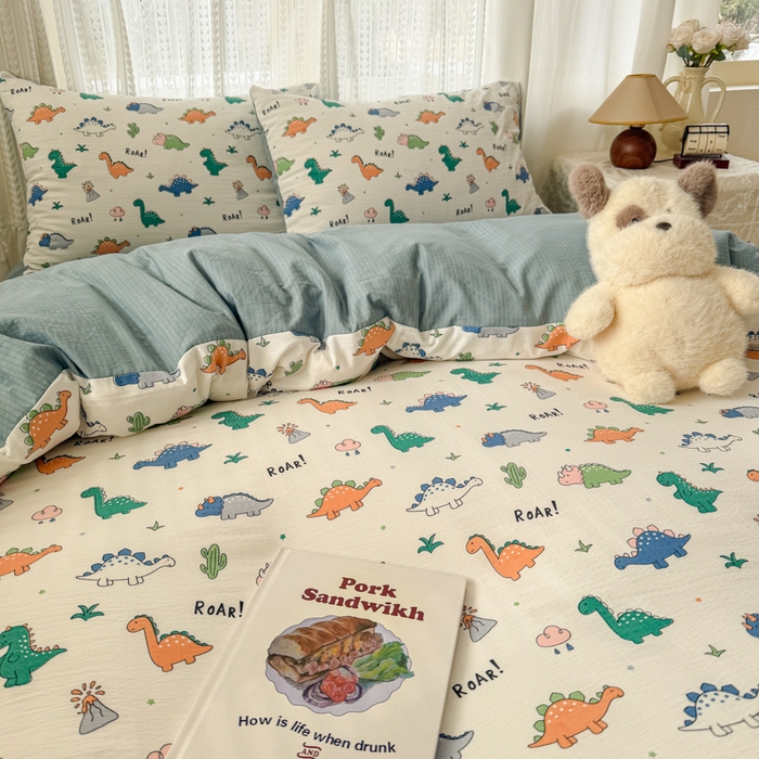 91家纺网 家纺一手货源 找家纺 温眠家纺 2026新款云感针织提花双层纱四件套 恐龙世界