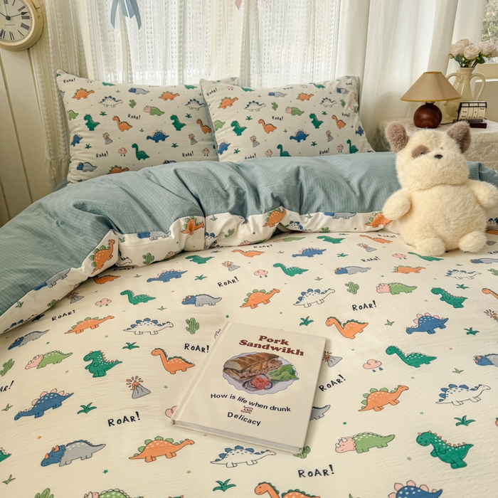 91家纺网 家纺一手货源 找家纺 温眠家纺 2026新款云感针织提花双层纱四件套 恐龙世界