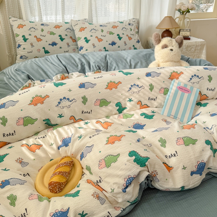 91家纺网 家纺一手货源 找家纺 温眠家纺 2026新款云感针织提花双层纱四件套 恐龙世界