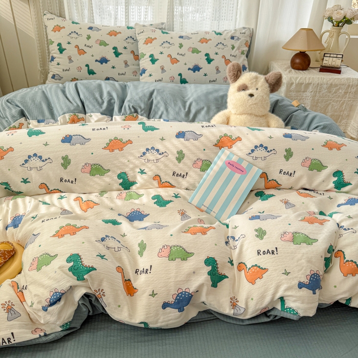 91家纺网 家纺一手货源 找家纺 温眠家纺 2026新款云感针织提花双层纱四件套 恐龙世界