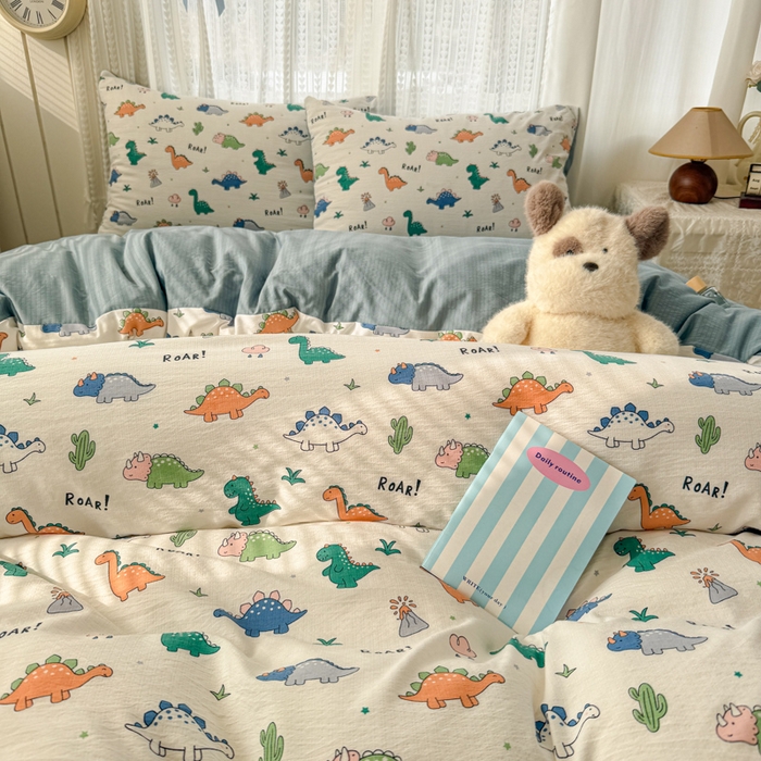 91家纺网 家纺一手货源 找家纺 温眠家纺 2026新款云感针织提花双层纱四件套 恐龙世界