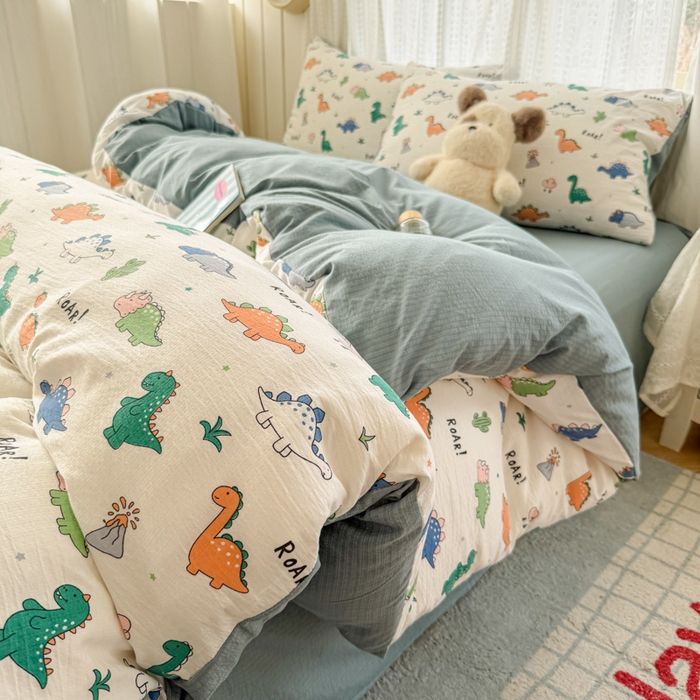 91家纺网 家纺一手货源 找家纺 温眠家纺 2026新款云感针织提花双层纱四件套 恐龙世界