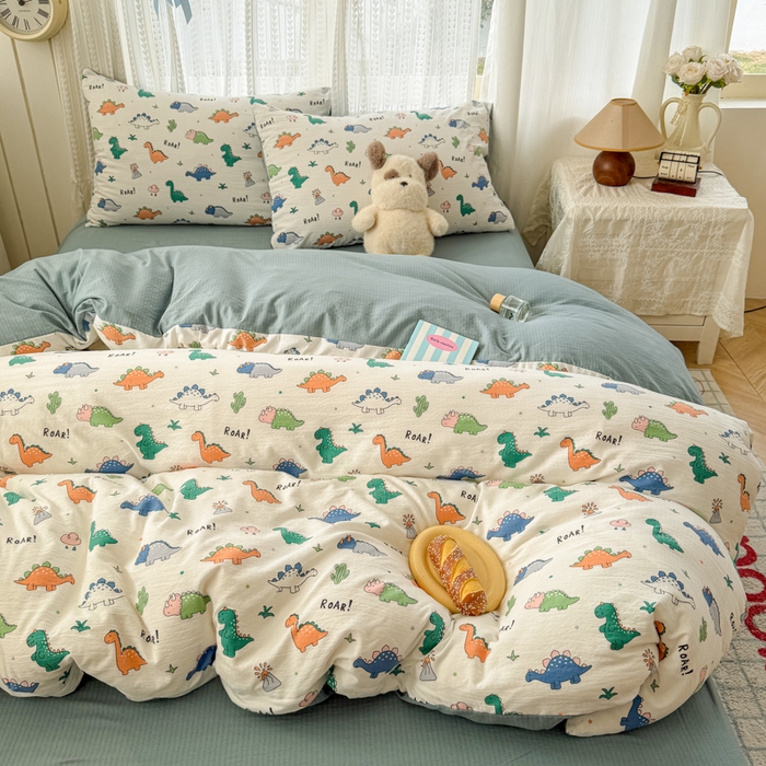 91家纺网 家纺一手货源 找家纺 温眠家纺 2026新款云感针织提花双层纱四件套 恐龙世界