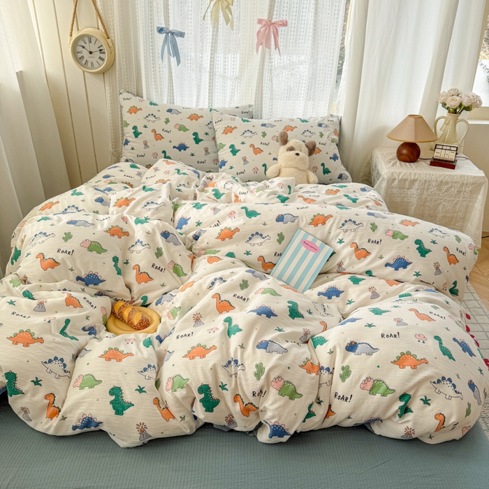 91家纺网 家纺一手货源 找家纺 温眠家纺 2026新款云感针织提花双层纱四件套 恐龙世界