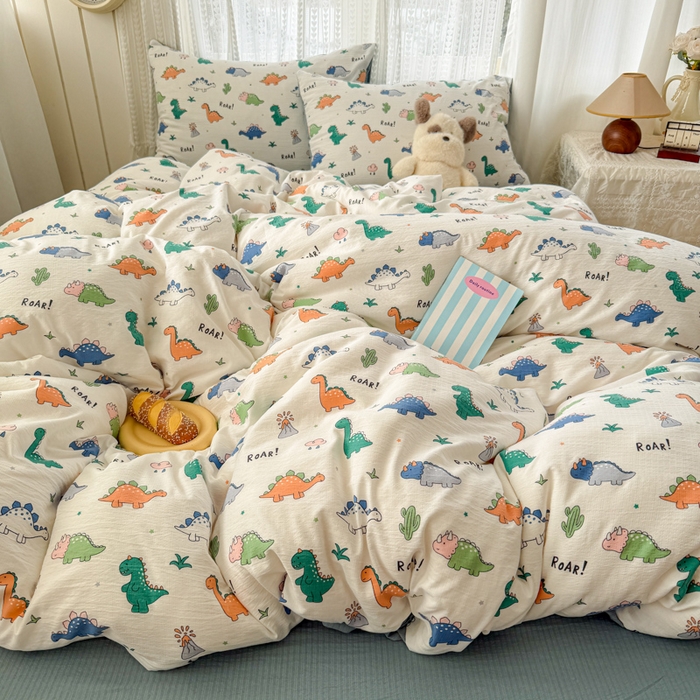 91家纺网 家纺一手货源 找家纺 温眠家纺 2026新款云感针织提花双层纱四件套 恐龙世界