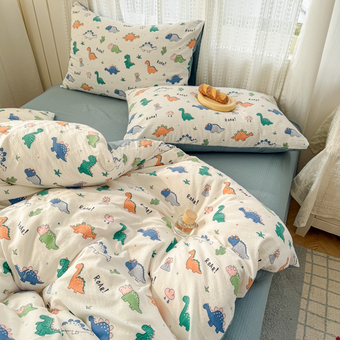 91家纺网 家纺一手货源 找家纺 温眠家纺 2026新款云感针织提花双层纱四件套 恐龙世界