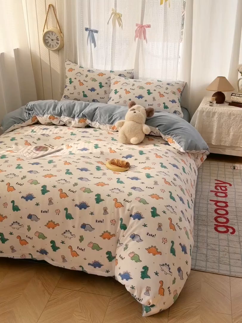 91家纺网 家纺一手货源 找家纺 温眠家纺 2026新款云感针织提花双层纱四件套 恐龙世界