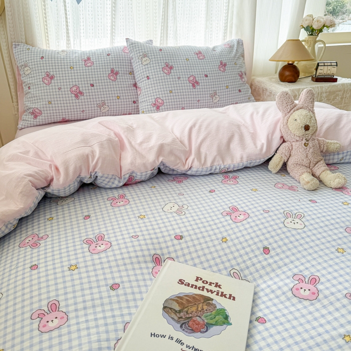 91家纺网 家纺一手货源 找家纺 温眠家纺 2026新款云感针织提花双层纱四件套 快乐小兔