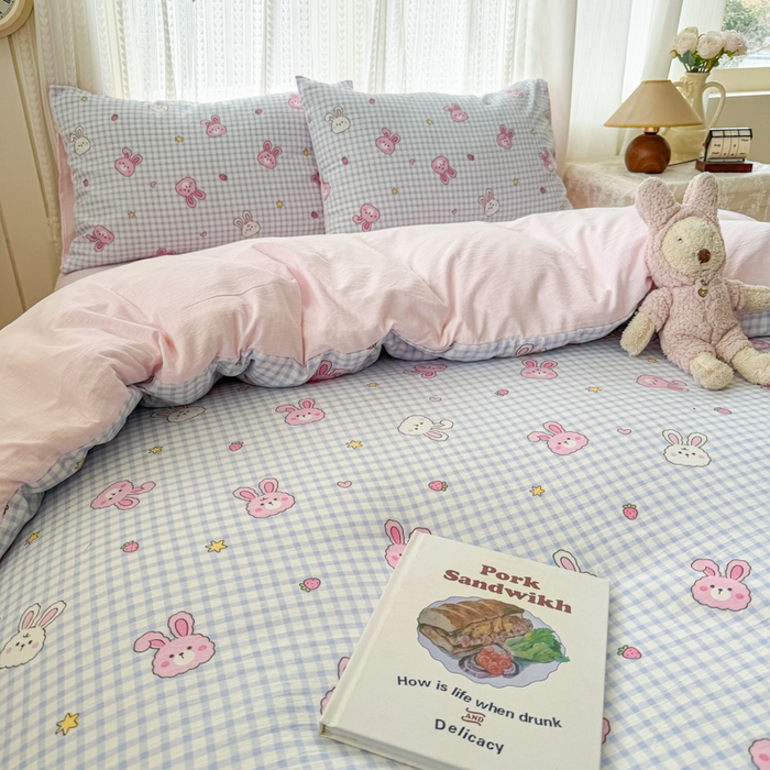 91家纺网 家纺一手货源 找家纺 温眠家纺 2026新款云感针织提花双层纱四件套 快乐小兔