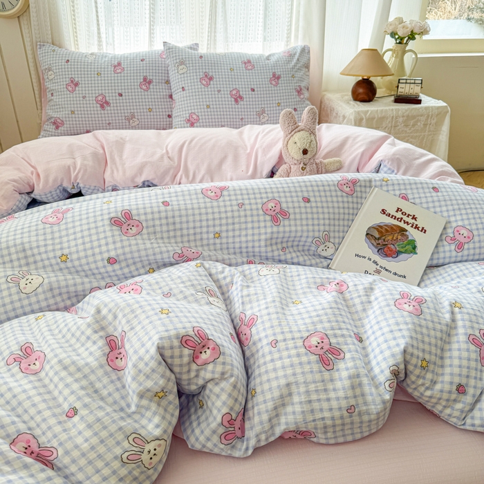 91家纺网 家纺一手货源 找家纺 温眠家纺 2026新款云感针织提花双层纱四件套 快乐小兔