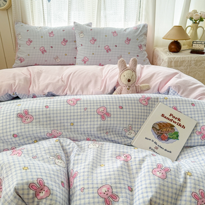 91家纺网 家纺一手货源 找家纺 温眠家纺 2026新款云感针织提花双层纱四件套 快乐小兔