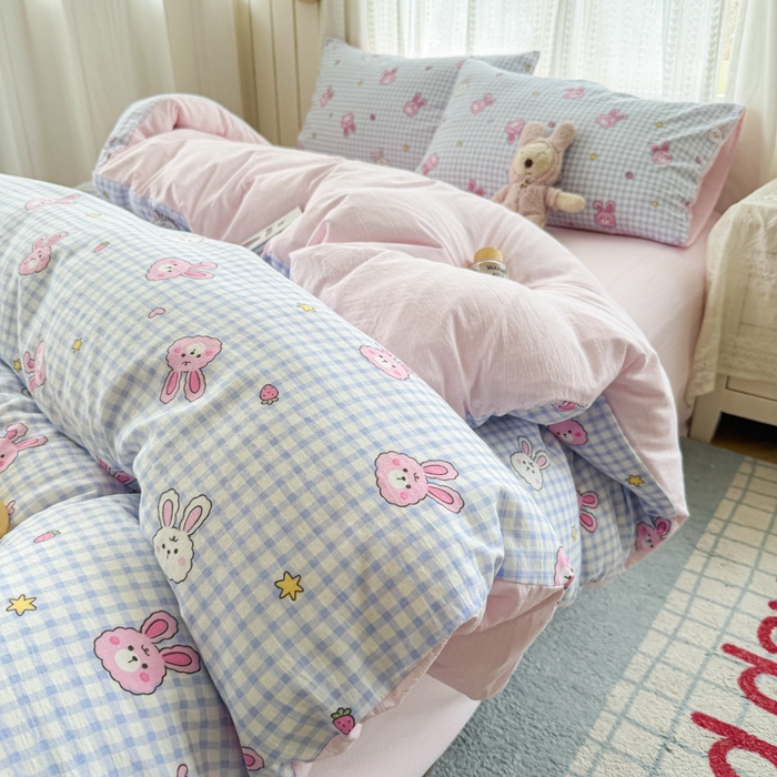 91家纺网 家纺一手货源 找家纺 温眠家纺 2026新款云感针织提花双层纱四件套 快乐小兔