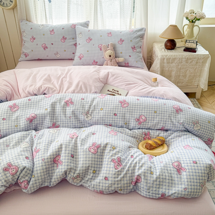 91家纺网 家纺一手货源 找家纺 温眠家纺 2026新款云感针织提花双层纱四件套 快乐小兔