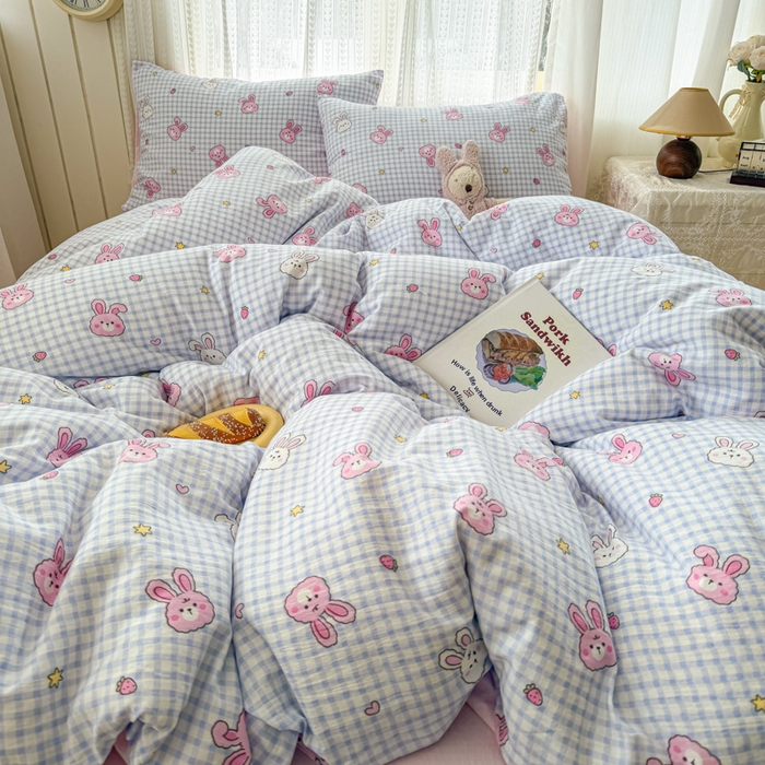 91家纺网 家纺一手货源 找家纺 温眠家纺 2026新款云感针织提花双层纱四件套 快乐小兔