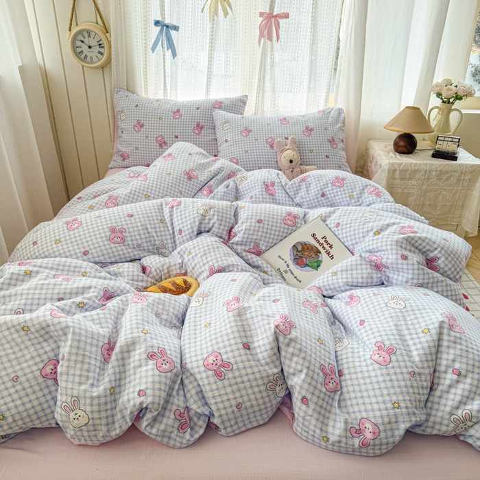 91家纺网 家纺一手货源 找家纺 温眠家纺 2026新款云感针织提花双层纱四件套 快乐小兔