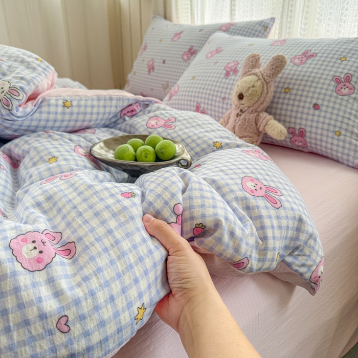 91家纺网 家纺一手货源 找家纺 温眠家纺 2026新款云感针织提花双层纱四件套 快乐小兔