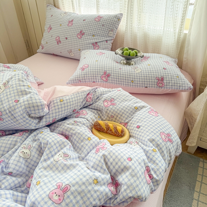 91家纺网 家纺一手货源 找家纺 温眠家纺 2026新款云感针织提花双层纱四件套 快乐小兔