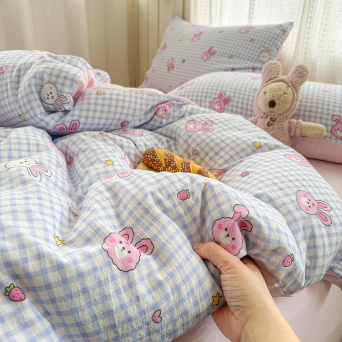 91家纺网 家纺一手货源 找家纺 温眠家纺 2026新款云感针织提花双层纱四件套 快乐小兔