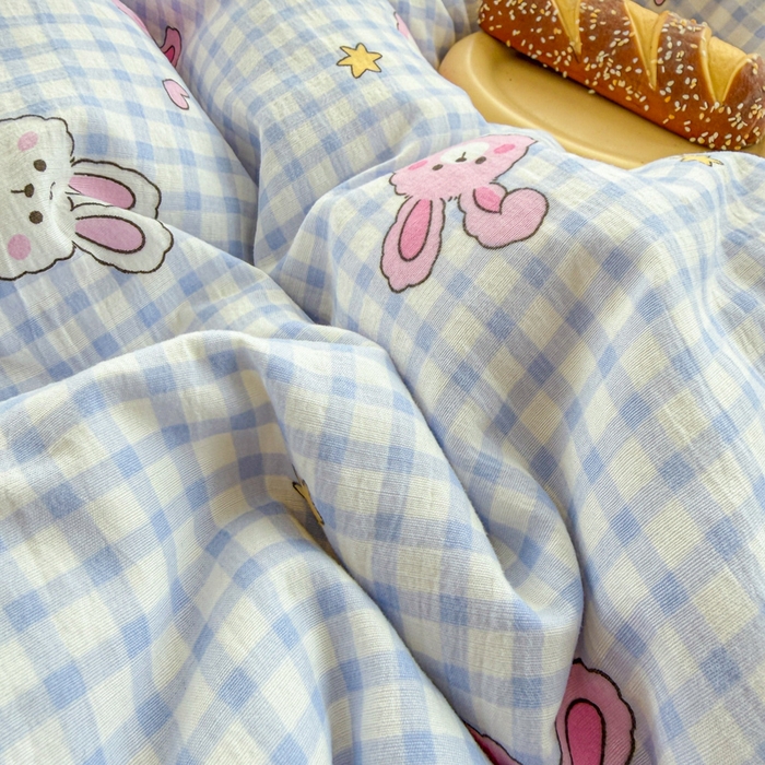 91家纺网 家纺一手货源 找家纺 温眠家纺 2026新款云感针织提花双层纱四件套 快乐小兔