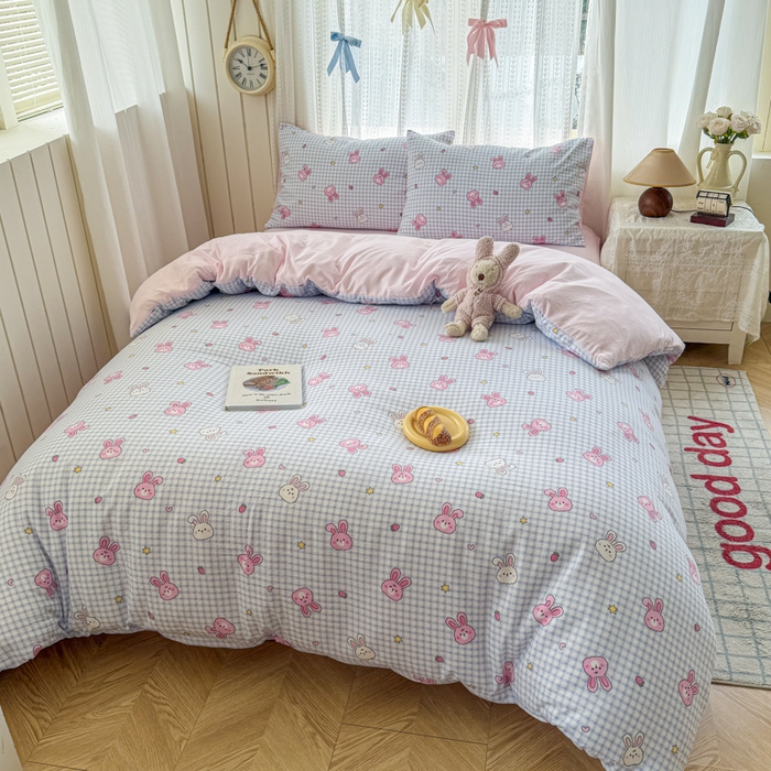 91家纺网 家纺一手货源 找家纺 温眠家纺 2026新款云感针织提花双层纱四件套 快乐小兔